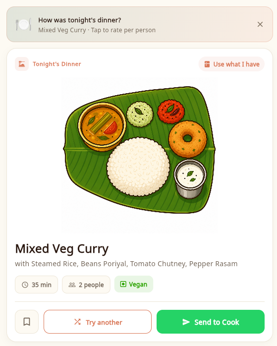 AI dinner suggestion: Mixed Veg Curry with steamed rice, ready to send to your cook