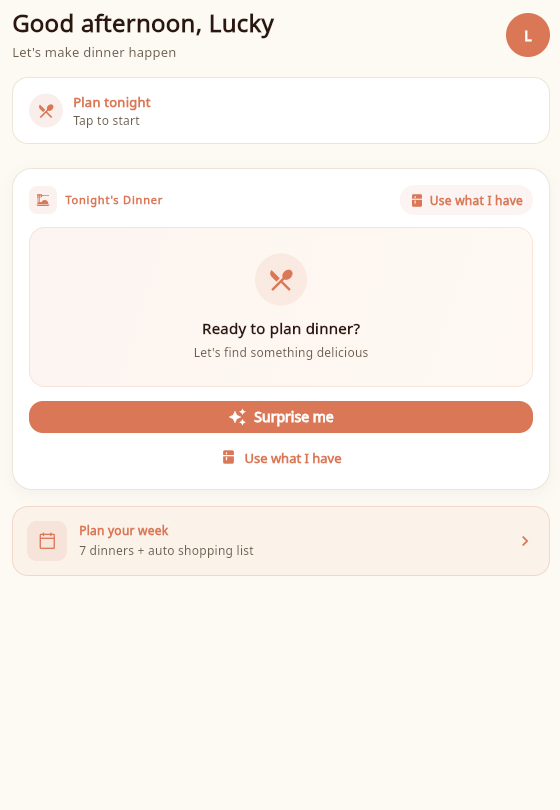 Make My Meal Today screen with tonight's dinner planner